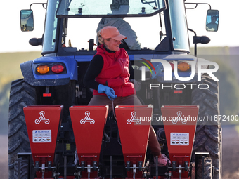 A man and woman plant Galicia garlic in a tractor on an agricultural field as the planting season continues on October 16, 2024. Galicia gar...