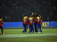 Konark Suryas Odisha players celebrate the dismissal of Shreevats Goswami of Southern Superstars during the finals of the Legends League Cri...