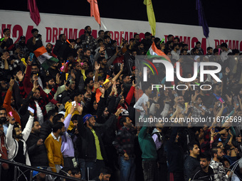 Spectators react during the finals of the Legends League Cricket T20 match between Southern Superstars and Konark Suryas Odisha at the Baksh...