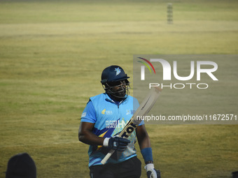 Hamilton Masakadza of Southern Superstars scores 83 from 58 balls during the finals of the Legends League Cricket T20 match between Southern...