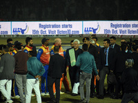 Lieutenant Governor Manoj Sinha (C) arrives to attend the finals of the Legends League Cricket T20 match between Southern Superstars and Kon...