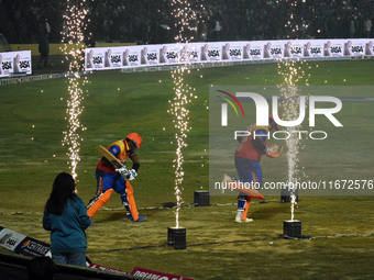 Dilshan Munaweera and Richard Levi walk towards the crease to open the batting for Konark Suryas Odisha during the finals of the Legends Lea...