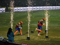 Dilshan Munaweera and Richard Levi walk towards the crease to open the batting for Konark Suryas Odisha during the finals of the Legends Lea...