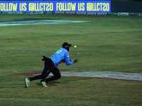 Elton Chigumbura of Southern Superstars drops a catch during the finals of the Legends League Cricket T20 match between Southern Superstars...