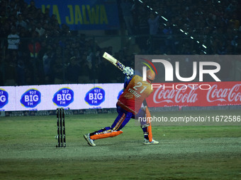 Yusuf Pathan hits a six during the finals of the Legends League Cricket T20 match between Southern Superstars and Konark Suryas Odisha at th...