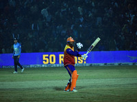 Yusuf Pathan reacts after scoring 50 runs during the finals of the Legends League Cricket T20 match between Southern Superstars and Konark S...