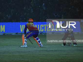 Navin Stewart (L) of Konark Suryas Odisha is stumped during the finals of the Legends League Cricket T20 match between Southern Superstars a...