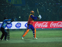 Yusuf Pathan (R) plays a shot during the finals of the Legends League Cricket T20 match between Southern Superstars and Konark Suryas Odisha...