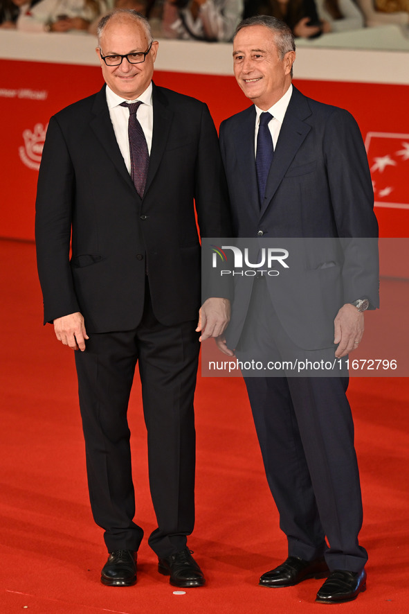 Roberto Gualtieri and Raffaele Ranucci attend the ''Berlinguer - The Great Ambition'' (Berlinguer - La grande ambizione) red carpet during t...