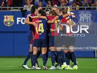 FC Barcelona players celebrate a goal during the match between FC Barcelona Women and Hammarby IF Women, corresponding to week 2 of group D...