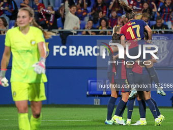 FC Barcelona players celebrate a goal during the match between FC Barcelona Women and Hammarby IF Women, corresponding to week 2 of group D...