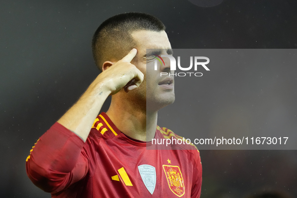 Alvaro Morata centre-forward of Spain and AC Milan celebrates after scoring his sides first goal during the UEFA Nations League 2024/25 Leag...