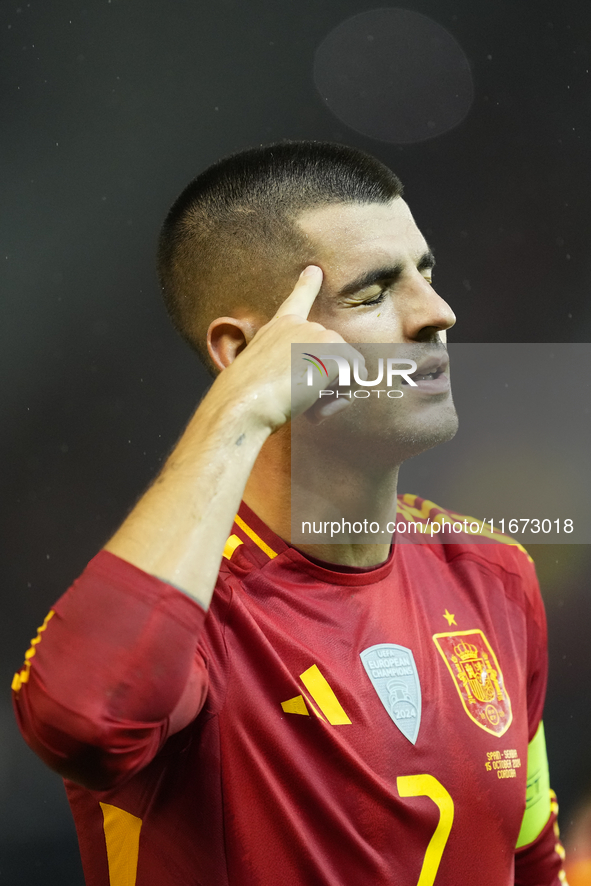 Alvaro Morata centre-forward of Spain and AC Milan celebrates after scoring his sides first goal during the UEFA Nations League 2024/25 Leag...