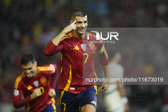 Alvaro Morata centre-forward of Spain and AC Milan celebrates after scoring his sides first goal during the UEFA Nations League 2024/25 Leag...