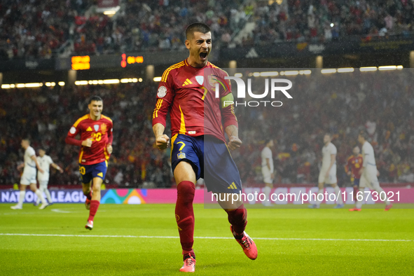 Alvaro Morata centre-forward of Spain and AC Milan celebrates after scoring his sides first goal during the UEFA Nations League 2024/25 Leag...