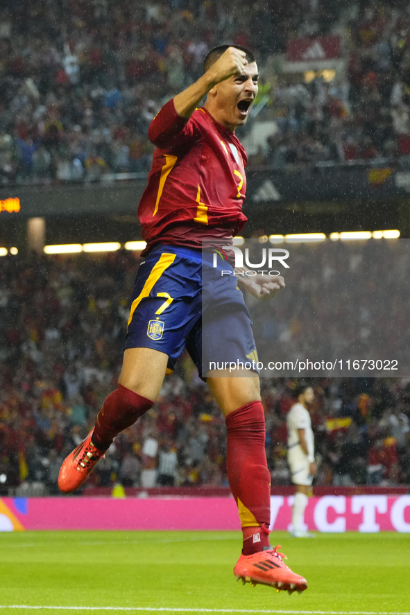 Alvaro Morata centre-forward of Spain and AC Milan celebrates after scoring his sides first goal during the UEFA Nations League 2024/25 Leag...