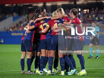 FC Barcelona players celebrate a goal during the match between FC Barcelona Women and Hammarby IF Women, corresponding to week 2 of group D...