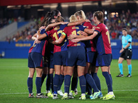 FC Barcelona players celebrate a goal during the match between FC Barcelona Women and Hammarby IF Women, corresponding to week 2 of group D...