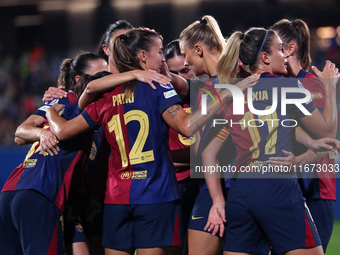 FC Barcelona players celebrate a goal during the match between FC Barcelona Women and Hammarby IF Women, corresponding to week 2 of group D...