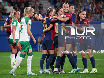 Maria Leon celebrates a goal during the match between FC Barcelona Women and Hammarby IF Women, corresponding to week 2 of group D of the UE...