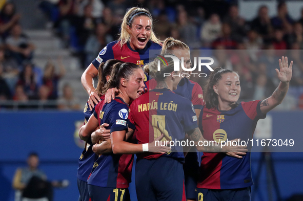 Maria Leon celebrates a goal during the match between FC Barcelona Women and Hammarby IF Women, corresponding to week 2 of group D of the UE...