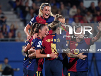 Maria Leon celebrates a goal during the match between FC Barcelona Women and Hammarby IF Women, corresponding to week 2 of group D of the UE...