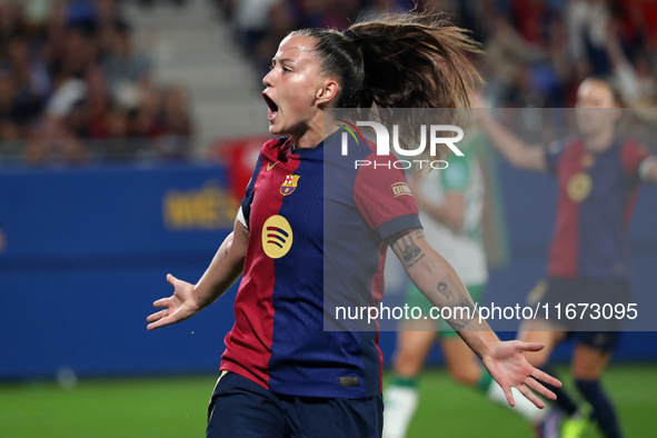 Claudia Pina celebrates a goal during the match between FC Barcelona Women and Hammarby IF Women, corresponding to week 2 of group D of the...