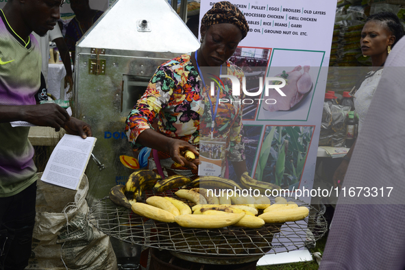 A woman roasts plantains as the Lagos State Ministry of Agriculture and Food Systems concludes activities for the 2024 World Food Day, tagge...