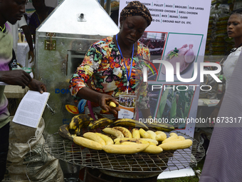 A woman roasts plantains as the Lagos State Ministry of Agriculture and Food Systems concludes activities for the 2024 World Food Day, tagge...