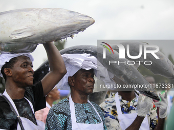 Farmers display their produce as the Lagos State Ministry of Agriculture and Food Systems concludes activities marking the 2024 World Food D...