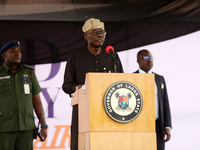 Babajide Sanwo-Olu, Governor of Lagos State, speaks to the farmers as the Lagos State Ministry of Agriculture and Food Systems concludes act...