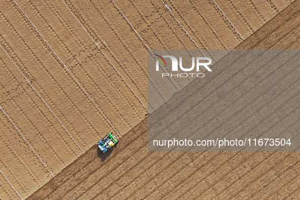 A farmer drives a seeder to sow winter wheat in a test field at the Yantai Academy of Agricultural Sciences in Yantai, China, on October 17,...