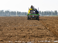 A farmer drives a seeder to sow winter wheat in a test field at the Yantai Academy of Agricultural Sciences in Yantai, China, on October 17,...