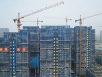 An aerial view shows a building under construction in Hangzhou, China, on October 17, 2024. (