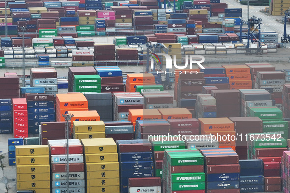 Containers are seen at the Longtan Port area of Nanjing Port in Nanjing, Jiangsu province, China, on October 17, 2024. 