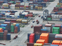 Trucks are seen at the Longtan Port area of Nanjing Port in Nanjing, Jiangsu province, China, on October 17, 2024. (