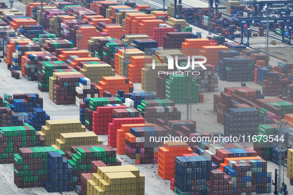 Containers are seen at the Longtan Port area of Nanjing Port in Nanjing, Jiangsu province, China, on October 17, 2024. 