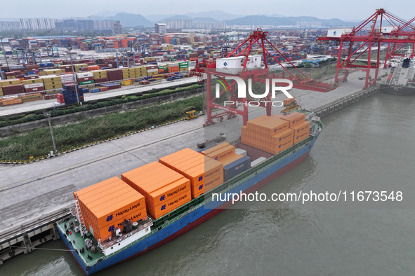 Cargo ships dock at the container terminal of Longtan Port Area of Nanjing Port in Nanjing, Jiangsu province, China, on October 17, 2024. 