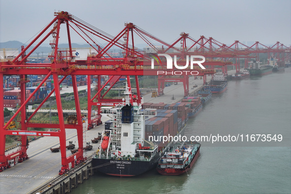 Cargo ships dock at the container terminal of Longtan Port Area of Nanjing Port in Nanjing, Jiangsu province, China, on October 17, 2024. 