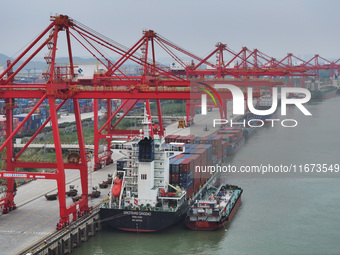 Cargo ships dock at the container terminal of Longtan Port Area of Nanjing Port in Nanjing, Jiangsu province, China, on October 17, 2024. (