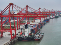 Cargo ships dock at the container terminal of Longtan Port Area of Nanjing Port in Nanjing, Jiangsu province, China, on October 17, 2024. (