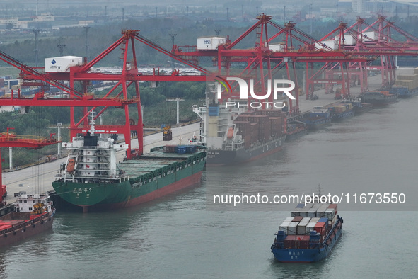 Cargo ships dock at the container terminal of Longtan Port Area of Nanjing Port in Nanjing, Jiangsu province, China, on October 17, 2024. 