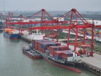 Cargo ships dock at the container terminal of Longtan Port Area of Nanjing Port in Nanjing, Jiangsu province, China, on October 17, 2024. (