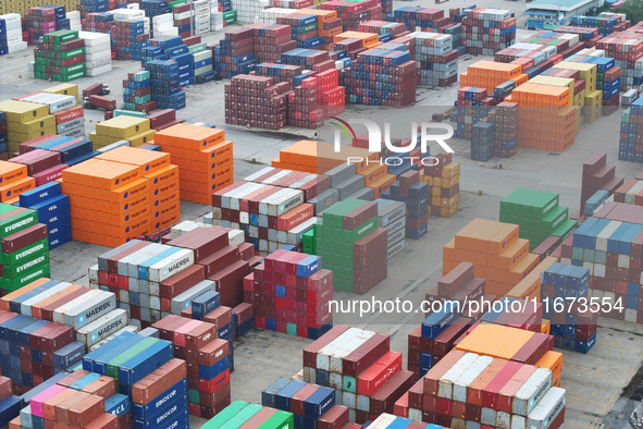 Containers are seen at the Longtan Port area of Nanjing Port in Nanjing, Jiangsu province, China, on October 17, 2024. 