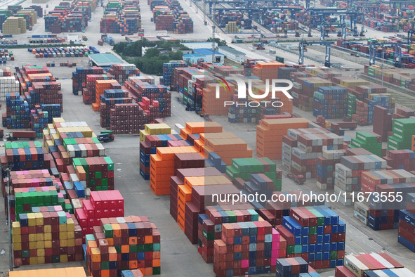 Containers are seen at the Longtan Port area of Nanjing Port in Nanjing, Jiangsu province, China, on October 17, 2024. 