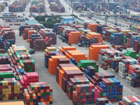 Containers are seen at the Longtan Port area of Nanjing Port in Nanjing, Jiangsu province, China, on October 17, 2024. (