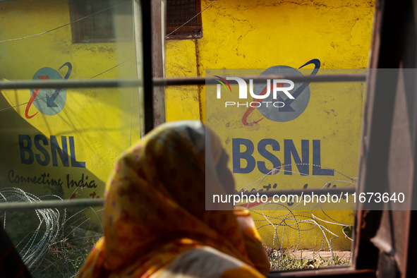 The text reads ''BSNL Connecting India (Bharat Sanchar Nigam Limited)'' on a bus in Srinagar, Jammu and Kashmir, India, on October 16, 2024....