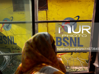 The text reads ''BSNL Connecting India (Bharat Sanchar Nigam Limited)'' on a bus in Srinagar, Jammu and Kashmir, India, on October 16, 2024....