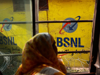 The text reads ''BSNL Connecting India (Bharat Sanchar Nigam Limited)'' on a bus in Srinagar, Jammu and Kashmir, India, on October 16, 2024....