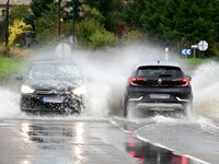 Floods and flooding occur in the village of Maclas, Loire department in France, on October 17, 2024. (